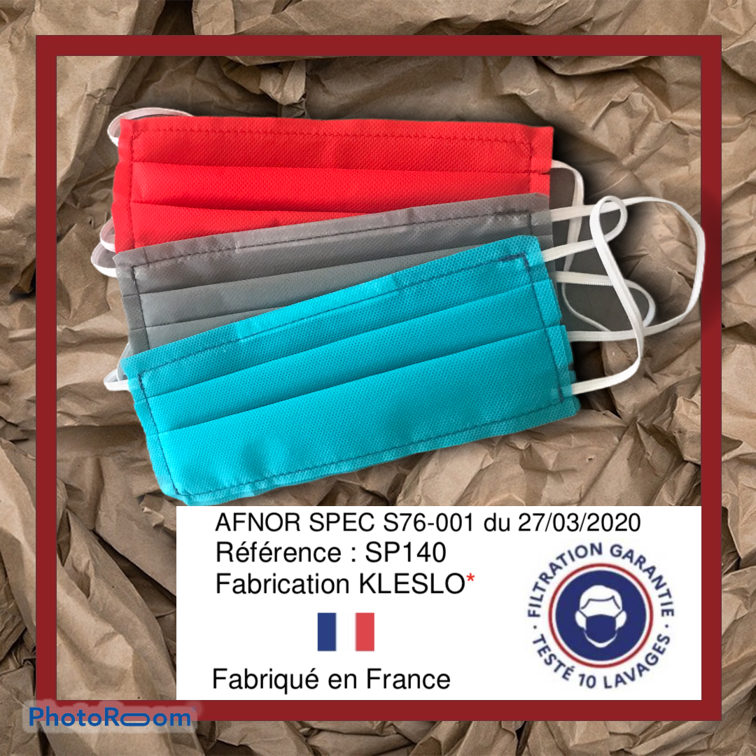 Klelso masque « Grand Public » Usage Non Sanitaire Catégorie 1 (Suivant la norme AFNOR SPEC S76-001 du 27 mars 2020)ce masque est strictement adapté à la crise sanitaire liée au COVID 19. Ce masque n’exonère absolument pas l’utilisateur de l’application des gestes barrières qui sont
